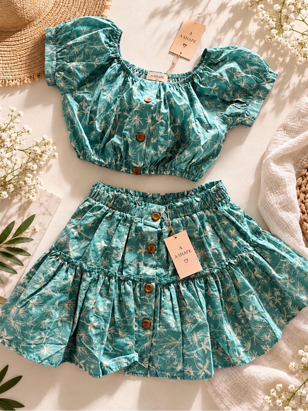 Eberjey Teal Palm-Print Two-Piece Crop Top and Skirt Set size S
